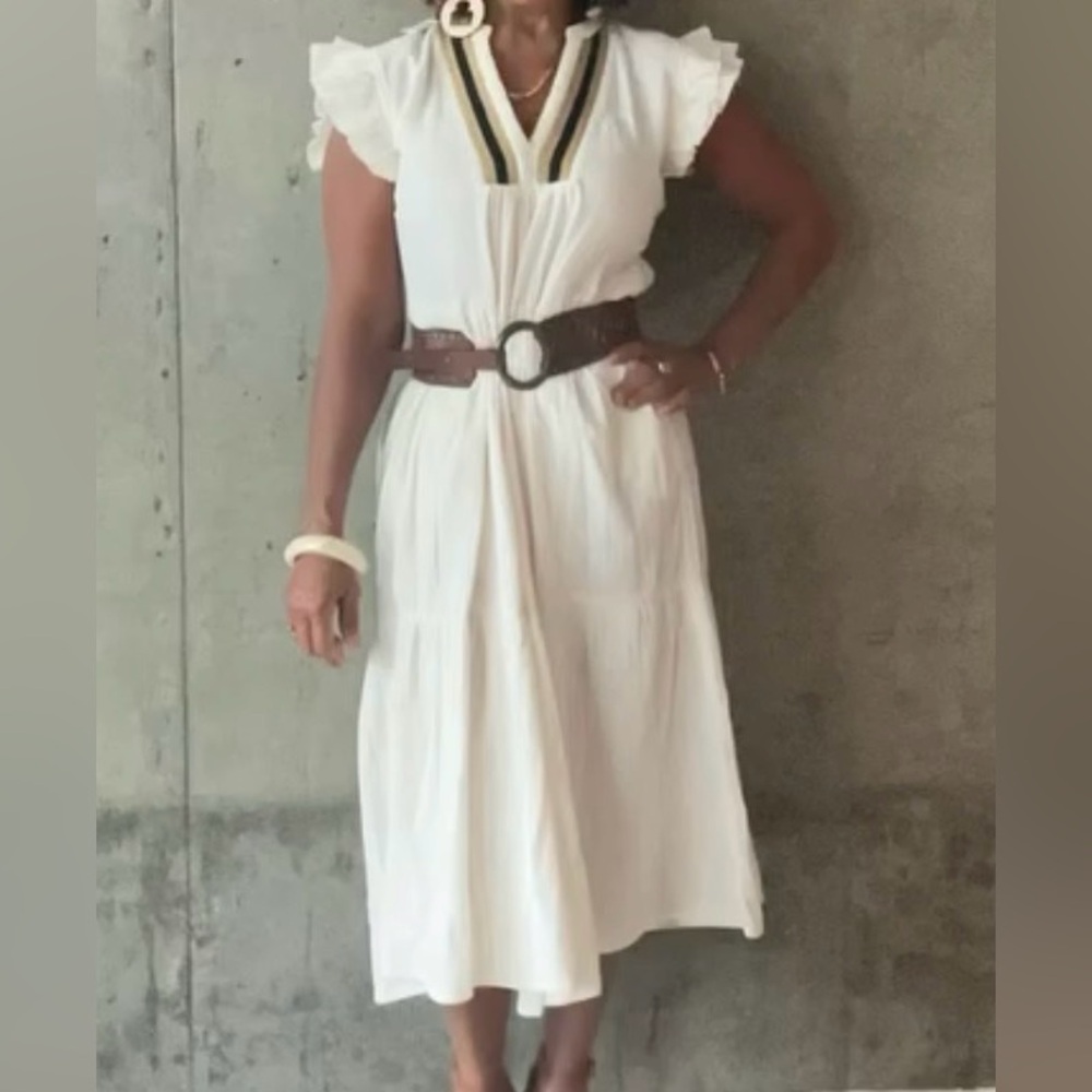 Cost Plus World Market White Maxi Dress with Black and Gold Trim